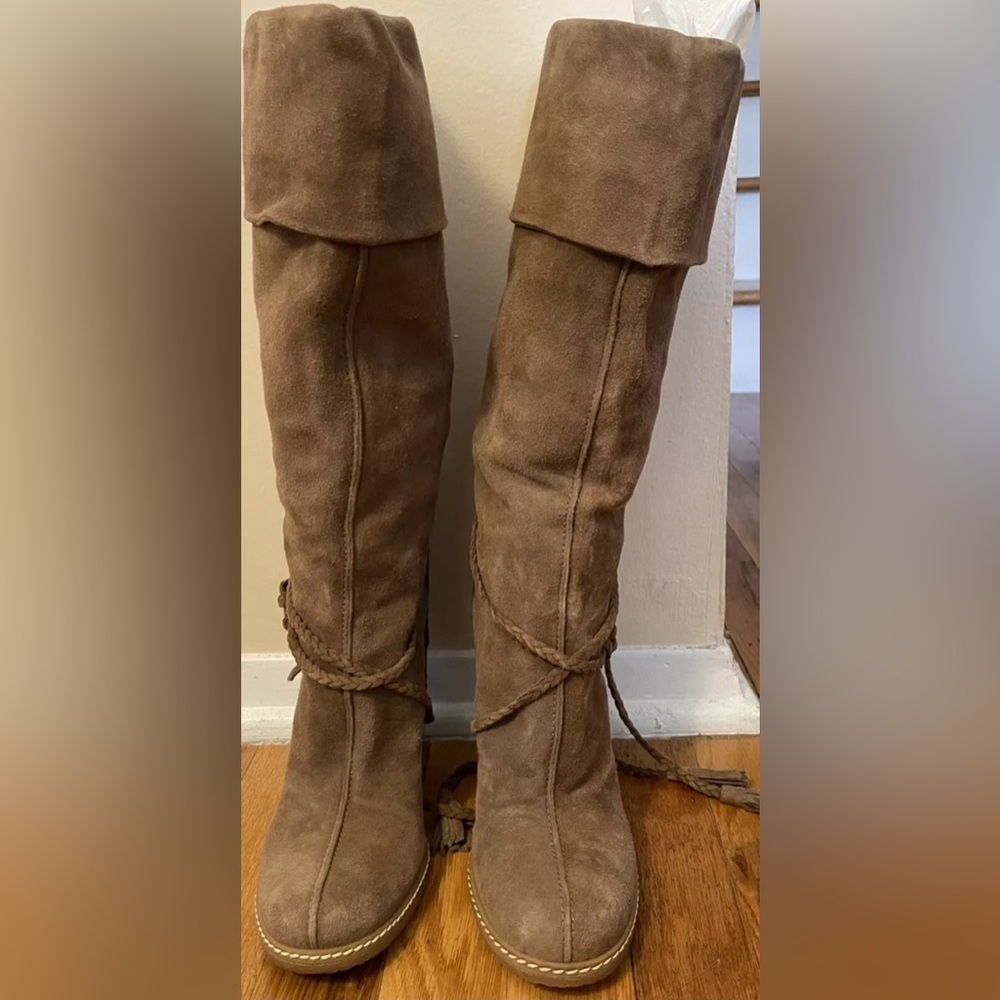 SHY brown tan suede leather knee high wedge boots 39 8.5 Italy